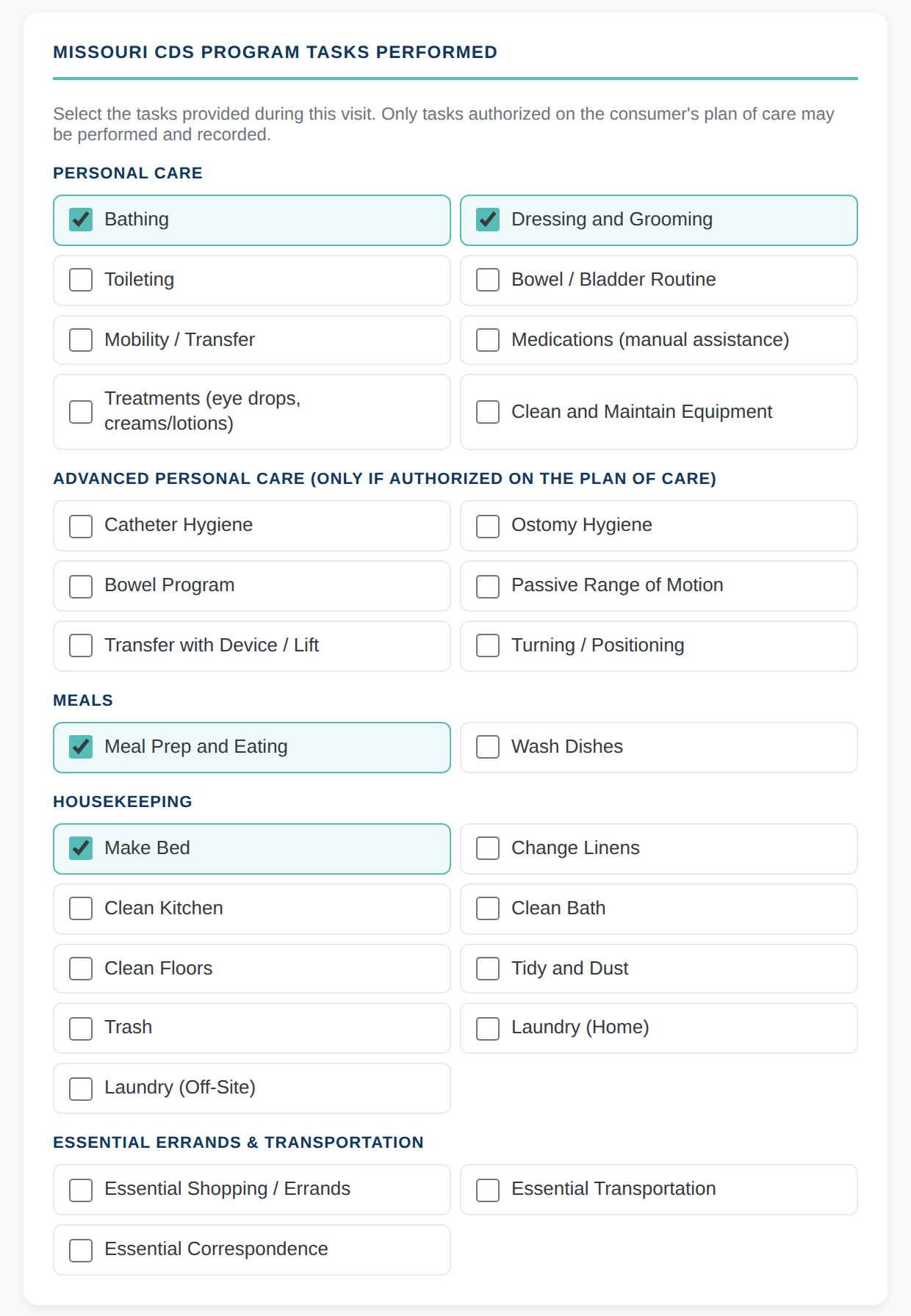 Missouri CDS tasks section of the EVV correction form with several tasks checked, such as bathing, dressing and grooming, meal prep and eating, and make bed