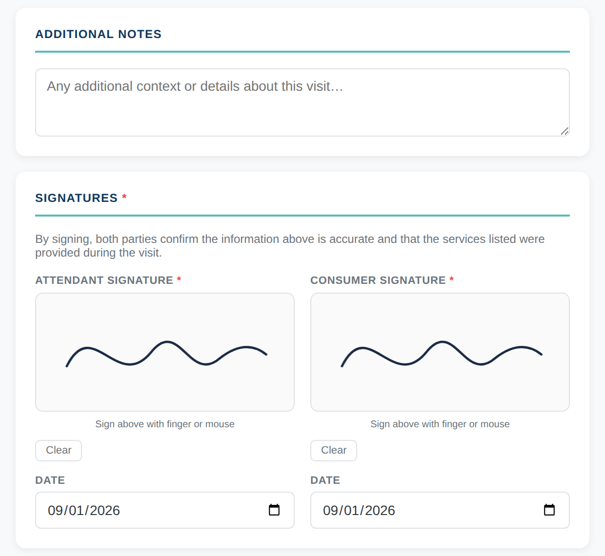 Notes and signatures section of the EVV correction form with both the attendant and consumer signature boxes signed and dated