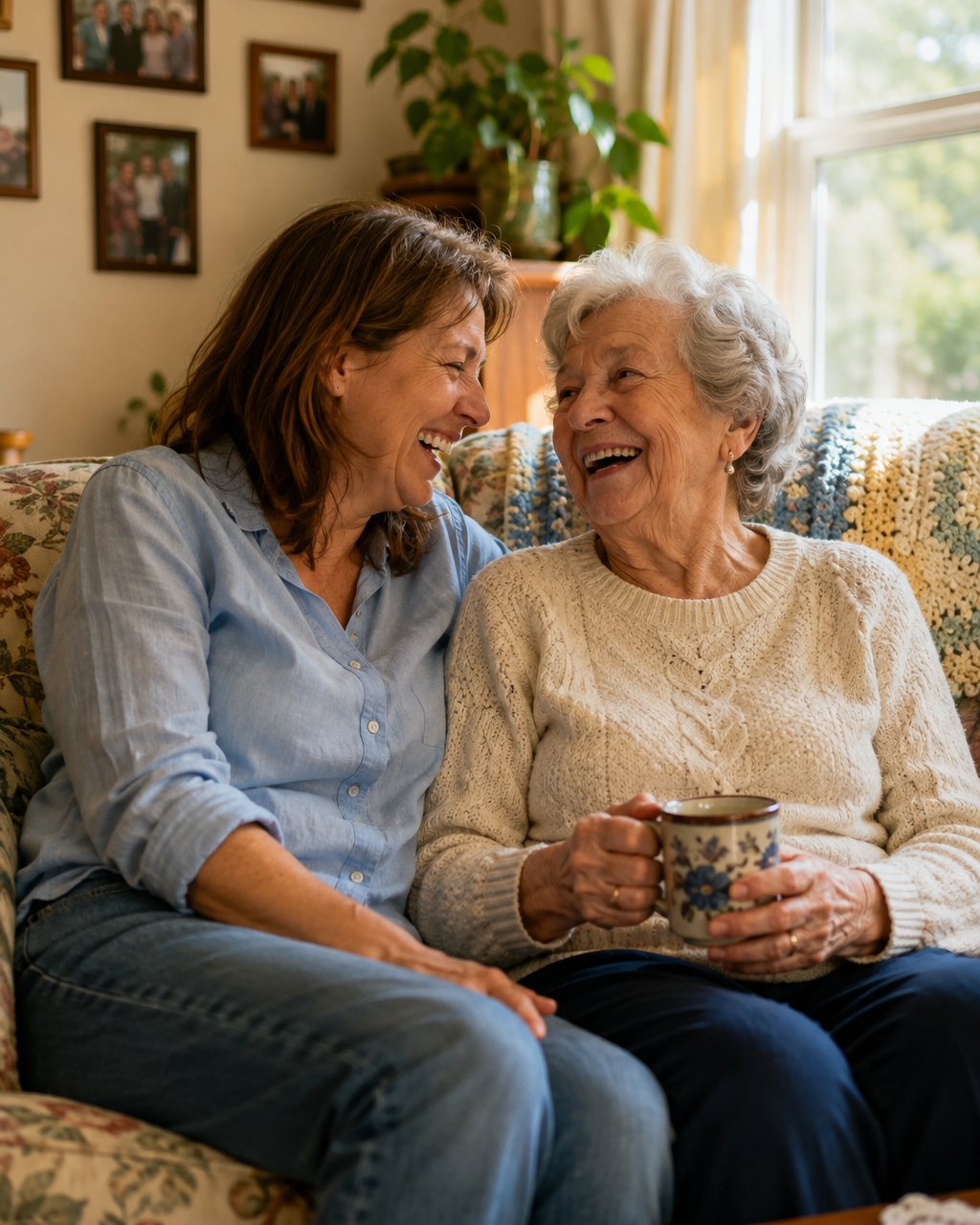 A caregiver and her mother laughing together on the couch at home