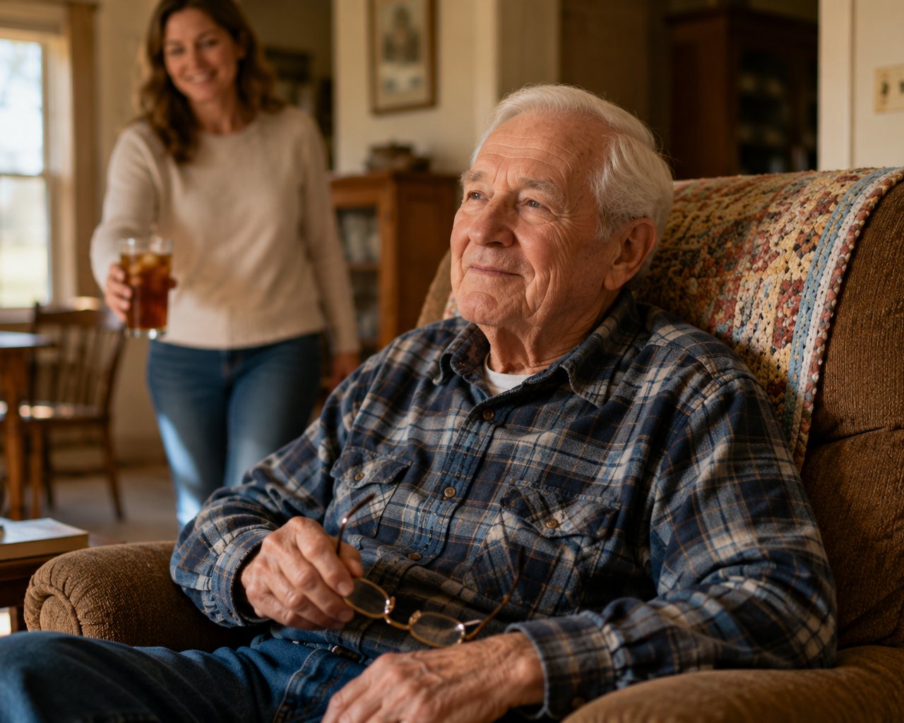 An older gentleman relaxed and comfortable in his favorite chair at home